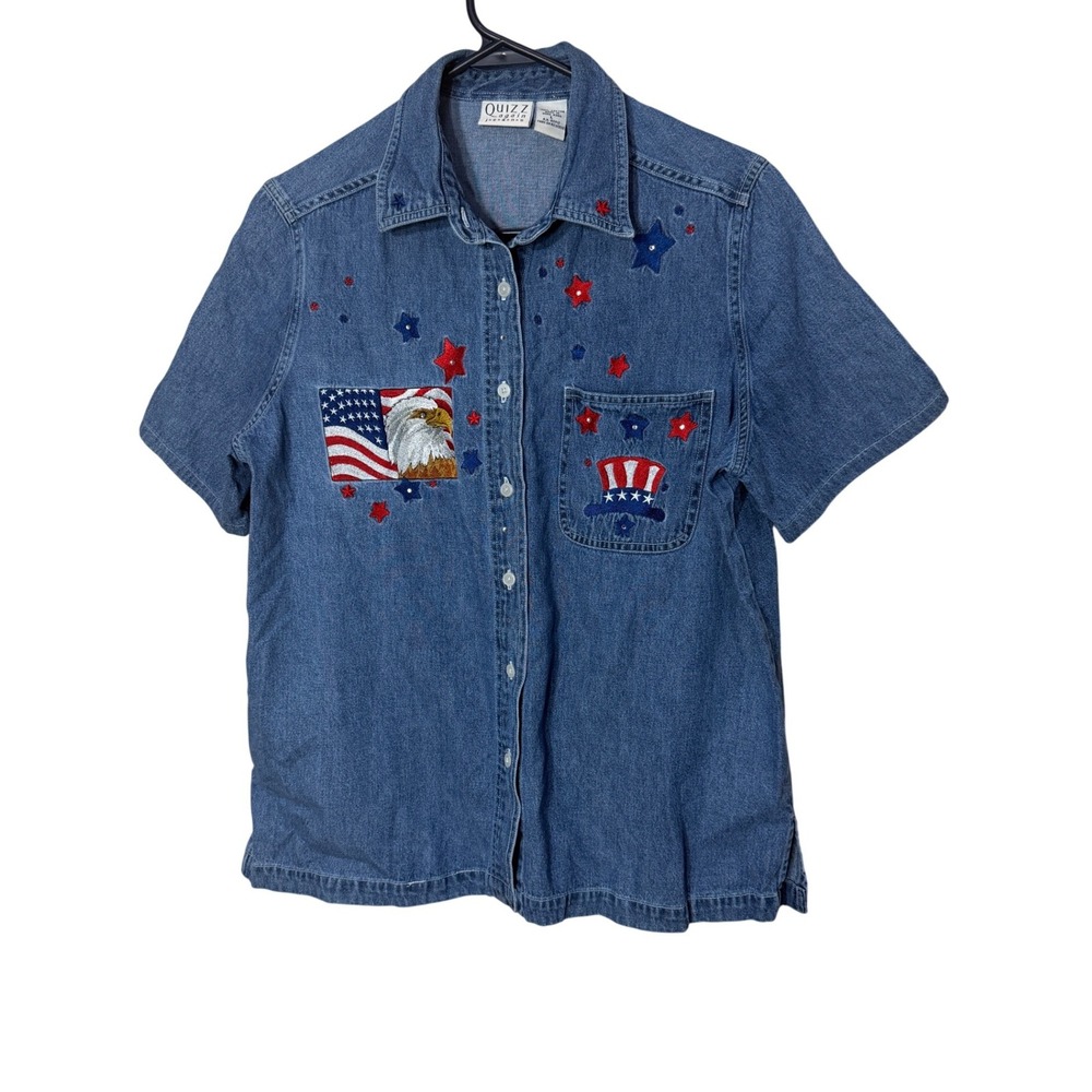 Quizz Again Jeans Womens Large Denim Patriotic Shirt Eagle Flag Stars Americana